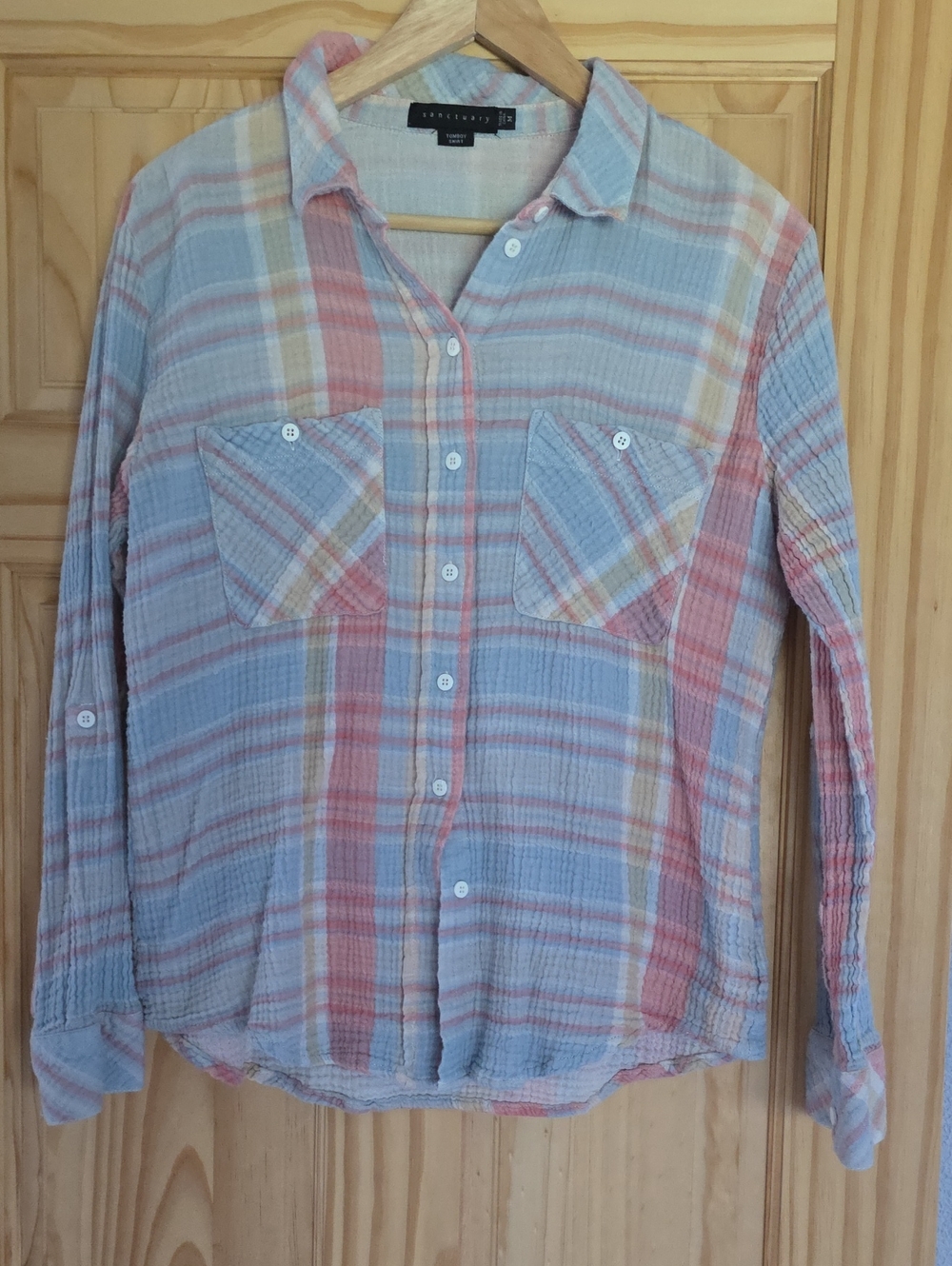 Sanctuary Pastel Plaid Button-Up Shirt in Light Blue and Coral